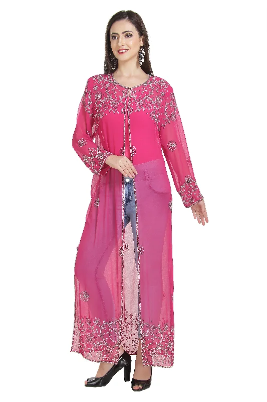 Embroidered Kurti With Crystal Overcoat Long Maxi Dress