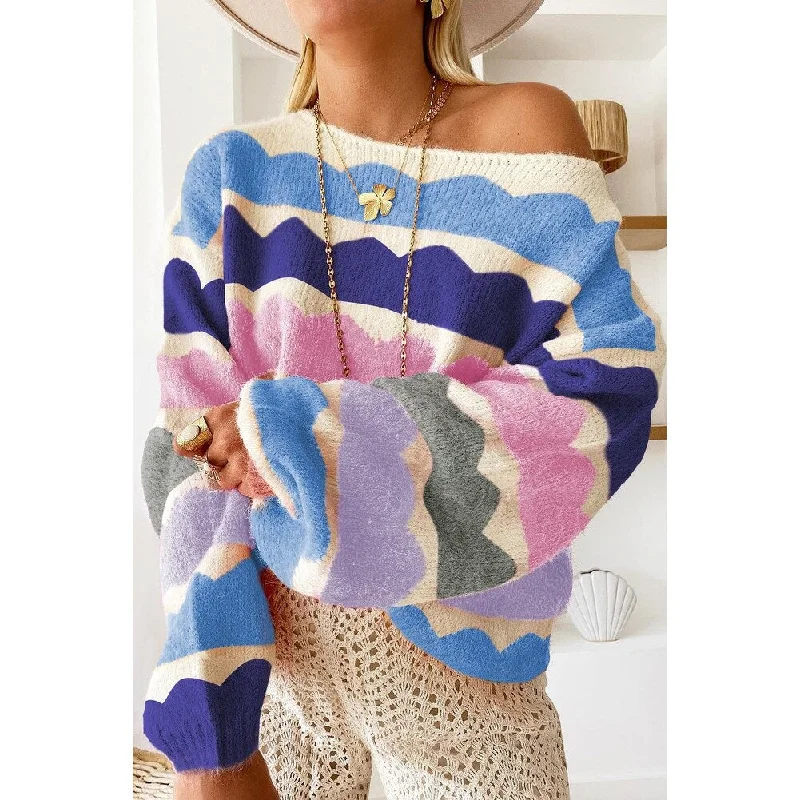 Dark Blue Wave Striped Balloon Sleeve Drop Shoulder Sweater