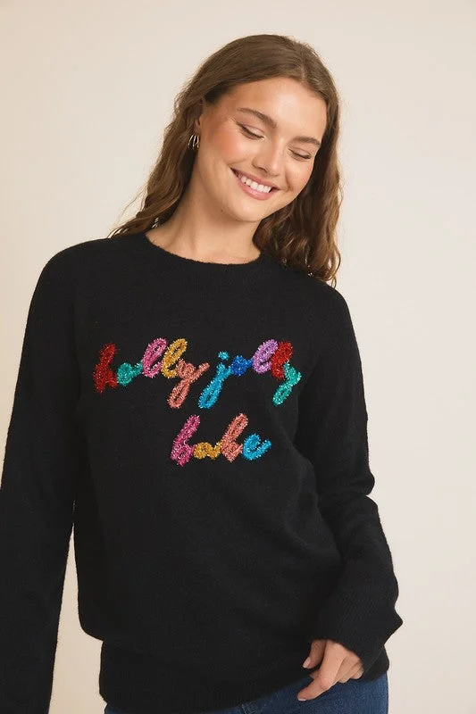 Holly Jolly Babe Tinsel Black Sweater