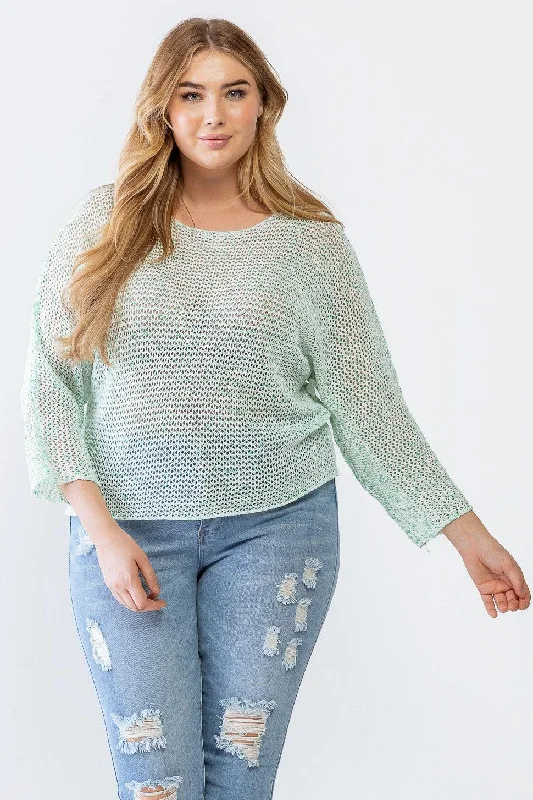 Plus Size Breezy Mint Open-Knit Sweater /3-2-1